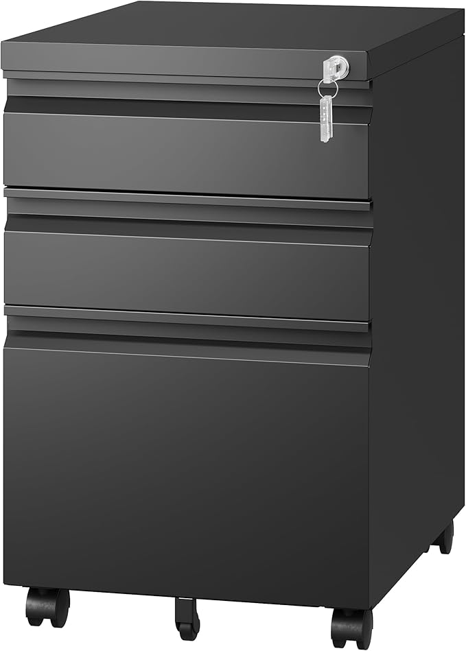 Letaya 3 Drawer Mobile File Cabinet with Lock,Under Desk Metal Filing Cabinets for Home Office Organizer Letters/Legal/A4((Fully Assembled-Black)