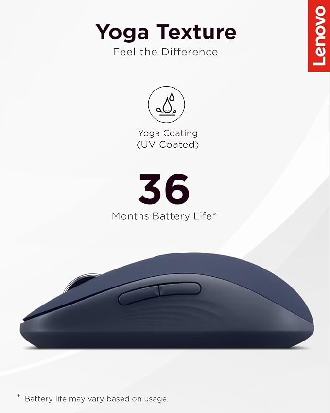 Lenovo Yoga Bluetooth Silent Mouse, 3 Level DPI Adjustment, 36 Month Battery Life, Bluetooth 5.3, 3 Device Paring, Whisper Quiet, Programmable Buttons, Smooth Finish, Cosmic Blue