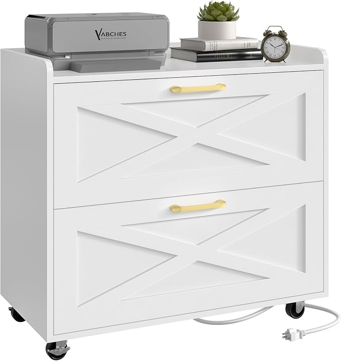 Lateral File Cabinet 2 Drawer Mobile File Cabinet with Charging Station for Legal/Letter/A4 Size Hanging Files, Modern Farmhouse Large Wood File Storage Cabinet for Home Office Furniture(Simple White)