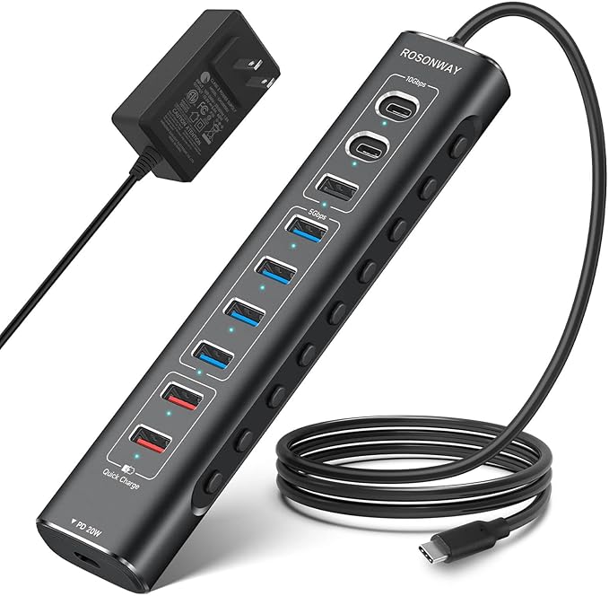 Rosonway 10-Port Powered USB 3.2/USB C Hub 60W with 3x10Gbps USB-3.2 Ports (2C + 1A), 4 USB 3.0 Data Ports, 1 USB-C PD and 2 USB-A Fast Charging Ports, Aluminum USB Splitter for Laptop/PC, RSH-A10QPD