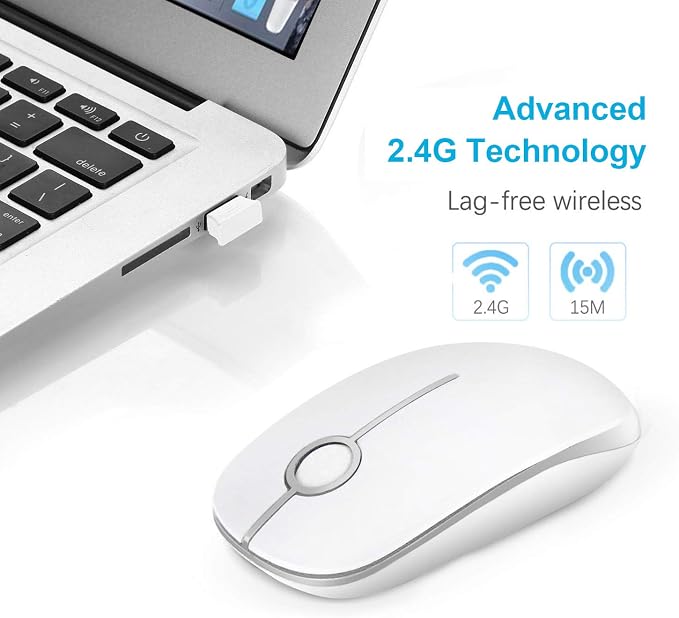 VssoPlor Wireless Mouse, 2.4G Slim Portable Computer Laptop Mouse with Nano Receiver Quiet Silent Optical Mice for Notebook, PC, Laptop, Computer-White and Silver