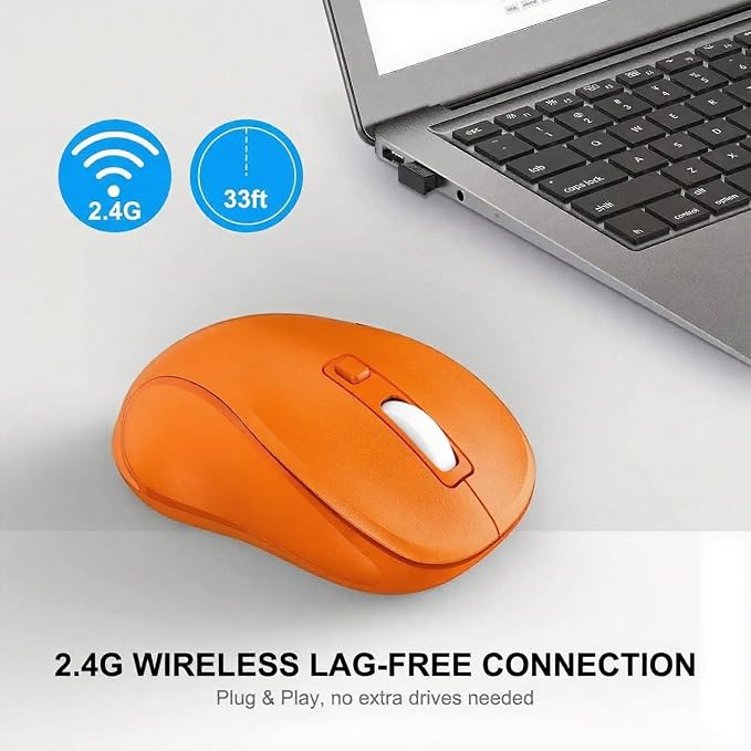 WisFox 2.4G Wireless Mouse for Laptop, Ergonomic Computer Mouse with USB Receiver and Type-C Adapter, 3 Adjustable Levels DPI, 6 Button Cordless Wireless Mice (Orange)