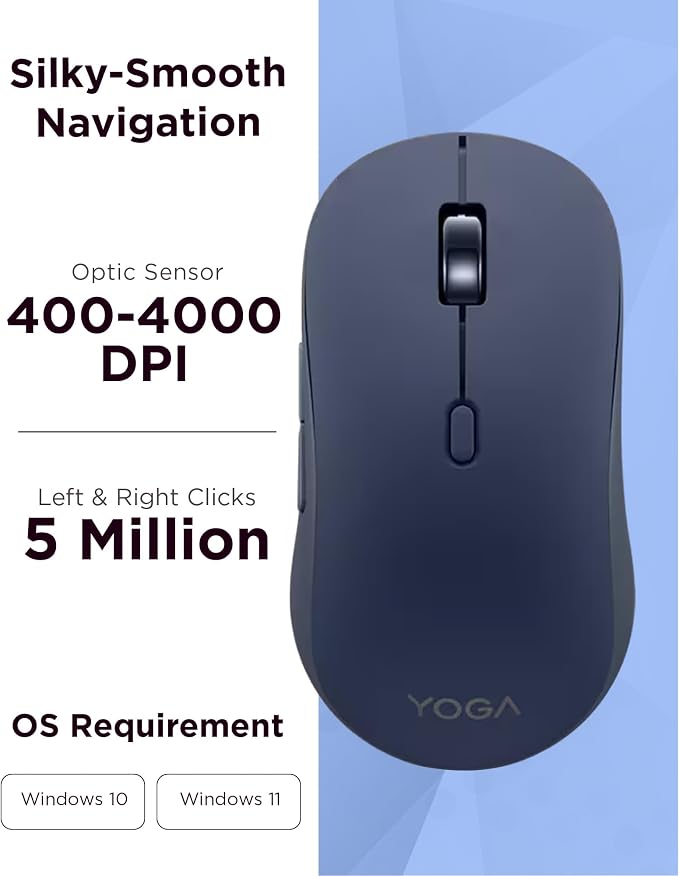Lenovo Yoga Bluetooth Silent Mouse, 3 Level DPI Adjustment, 36 Month Battery Life, Bluetooth 5.3, 3 Device Paring, Whisper Quiet, Programmable Buttons, Smooth Finish, Cosmic Blue