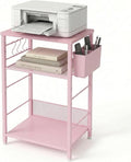 ECOLOVI 3 Tier Printer Stand for Under Desk, Height Adjustable Shelf Small Printer Table with 3 S-Hooks & Basket, Heavy Duty Industrial Storage Shelf for Home Office (Pink Wood)