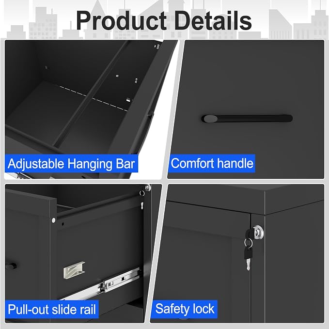 Small Metal 2-Drawer File Cabinet, Under Desk Office Cabinet, Black | Rolling, Locking, Adjustable Hanging Rail, Fit A4, FC, Letter, Hanging File Folders for Home Office Storage Organization, 2PS
