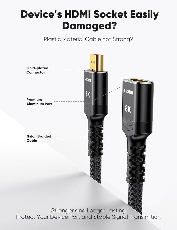 8K 4K HDMI Extender Cable 3.3FT/1M Short HDMI Extension Cable 2.1 4K@30Hz/ 60Hz/ 120Hz, Ultra high Speed HDMI Adapter Male to Female Compatible with PS5 Roku Stick Blu Ray Player HDTV Laptop