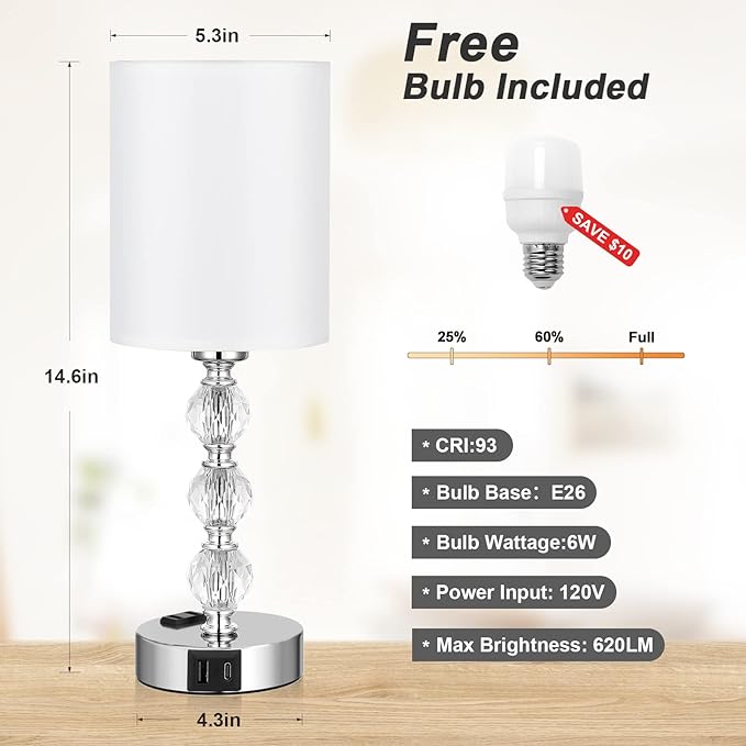 Touch Bedside Crystal Lamps for Bedrooms Nightstand with USB C+A Charging Port and AC Outlet White, 3 Way Dimmable Silver Small End Side Table Lamp for Living/Guest/Dinning Room/Kitchen
