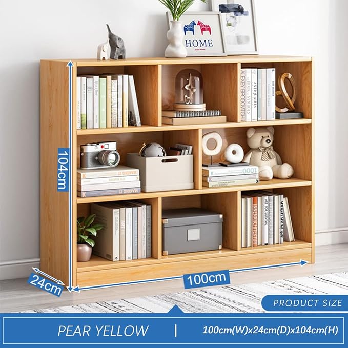 IOTXY Open Shelf Low Bookcase - Wooden 3-Tier Floor Standing Display Cabinet Organizer with Base, 8 Cubes Short Horizontal Bookshelf in Pear Yellow