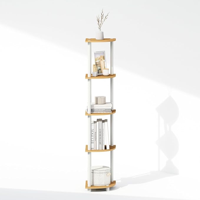 Furinno Turn-N-Tube Storage Shelves, 5-Tier Book Shelf, Corner Shelf, Toolless Open Shelves, for Organization and Storage, Living Room, Home Office, Hallway, Bedroom, Beech