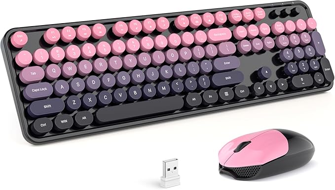 MOFII Wireless Keyboard and Mouse Combo, Full Size 2.4G Plug and Play Typewriter Retro Round Computer Keyboard and Mouse Set for Windows, Computer, Desktop, PC, Notebook - (Plum Pink Gradient)
