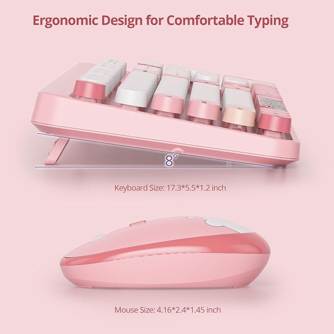 GTSP Pink Typewriter Keyboard Wireless Mouse Combo, Cute Keyboard 2.4G Office Full-Sized Retro with Round Keycaps for Laptop PC Desktops（Pink）
