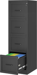 Small Metal 4-Drawer File Cabinet, Under-Desk Filing Cabinet, Black | Locking, Adjustable Hanging Rail, Fit A4, FC, Letter, Hanging File Folders for Home Office Storage Organization, 2PS