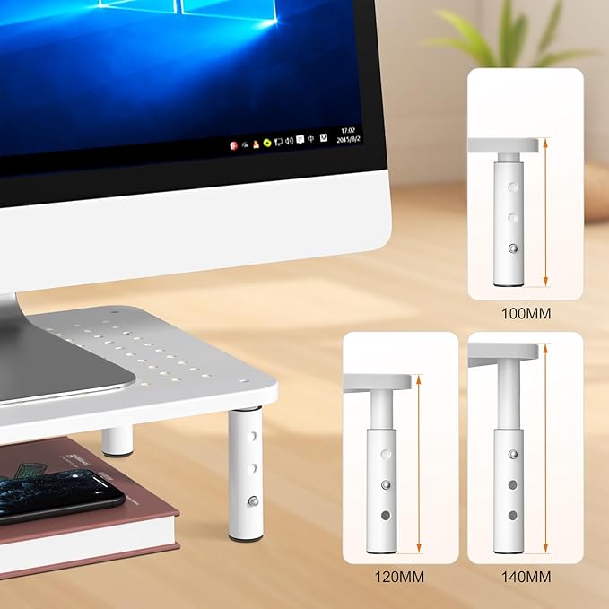 Bracwiser Monitor Stand Riser,3 Level Height Adjustable Desktop monitor stand for Computer, Laptop, Printer, Notebook with Vented Metal Platform 370X235MM 2 Packs,White