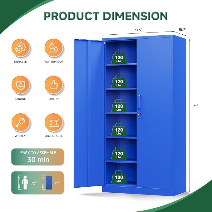 Letaya Metal Garage Storage Cabinets with Lock Door and Adjustable Shelves, Steel Tool Cabinets for Home,Office,Warehouse Organisieren (Blue)
