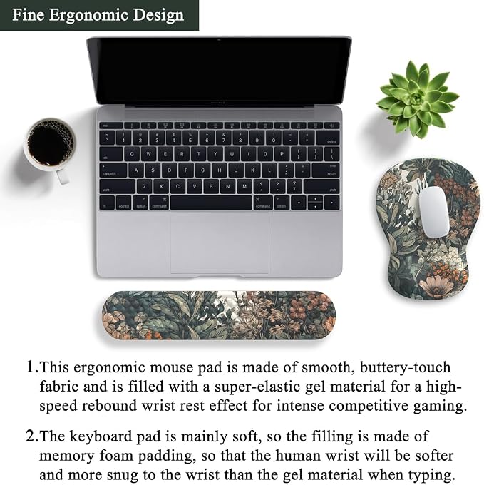 Boho Aesthetic Mouse Pad with Wrist Rest Keyboardpad Vintage Wildflowers Wrist Rest for Computer Keyboard Wrist Rest, Non-Slip Base Home/Office for Computer Keyboard, Made Easy Typing & Relieve