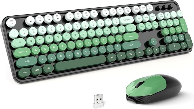 MOFII Wireless Keyboard and Mouse Combo, Full Size 2.4G Plug and Play Typewriter Retro Round Computer Keyboard and Mouse Set for Windows, Computer, Desktop, PC, Notebook - (Black Green Gradient)
