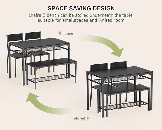 Gizoon Kitchen Table and 2 Chairs for 4 with Bench, 4 Piece Dining Table Set for Small Space, Apartment
