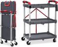 Folding Utility Service Cart, Collapsible Cart with Wheels, 3 Tier Rolling Utility Cart, Folding Cart with Wheels Collapsible, Service Cart for Tool, Grocery, Kitchen, Office