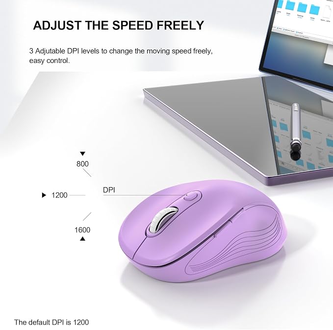WisFox 2.4G Wireless Mouse for Laptop, Ergonomic Computer Mouse with USB Receiver and Type-C Adapter, 3 Adjustable Levels DPI, 6 Button Cordless Wireless Mice (Violate)