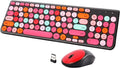 Wireless Keyboard and Mouse Combo, Retro Typewriter Keyboard with Round Keycaps, 2.4GHz USB Cute Wireless Keyboard Mouse for Computer, Desktop, Laptop and Computer (Black-Colorful)