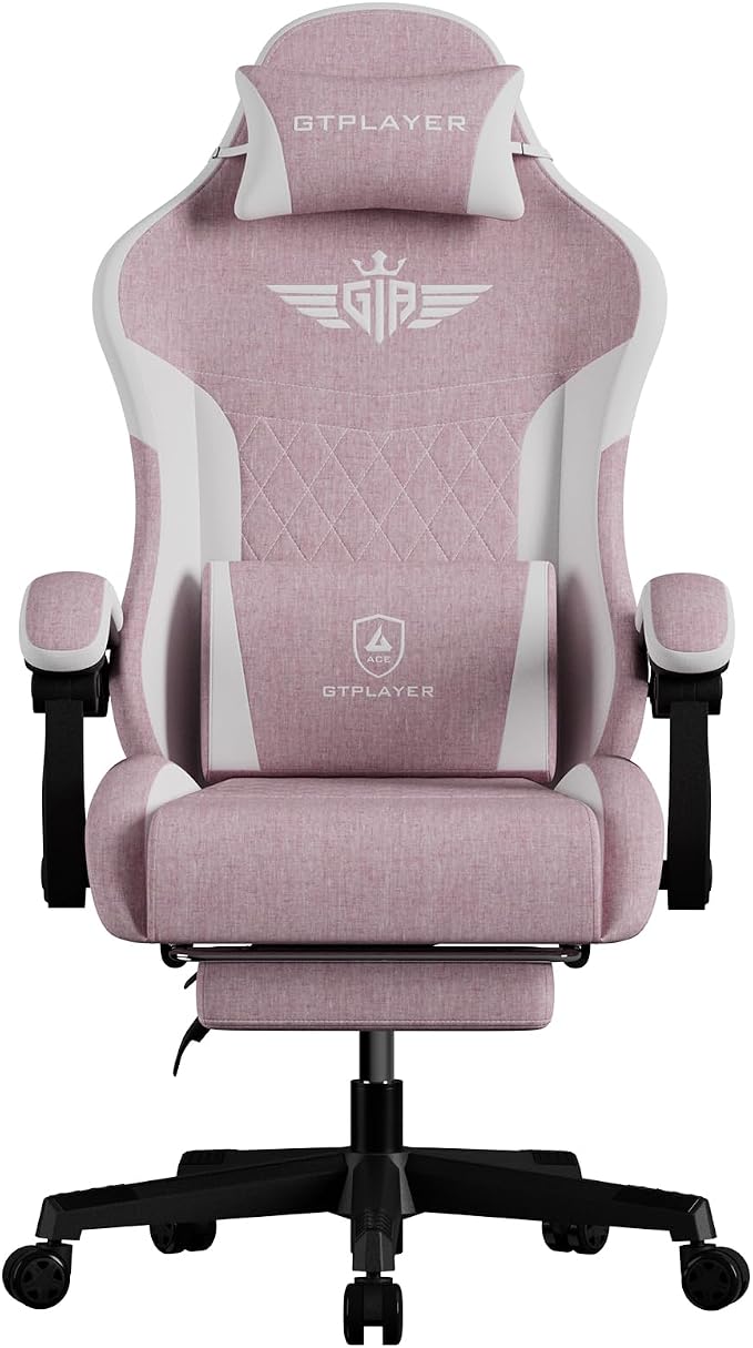 GTPLAYER Gaming Chair, Video Game Chairs with Footrest and Lumbar Support, Computer Chair for Adults with Extended Backrest, Ergonomic Reclining Silla Gamer, Linen Fabric, Pink