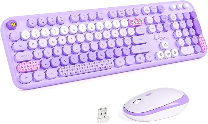 KNOWSQT Wireless Keyboard and Mouse Combo - Lovely Purple Rainbow 2.4G Full-Sized Colorful Keyboards, Round Keycap USB Dongle Plug Play Cute Keyboards for Windows, Laptop, PC, Desktop, Mac