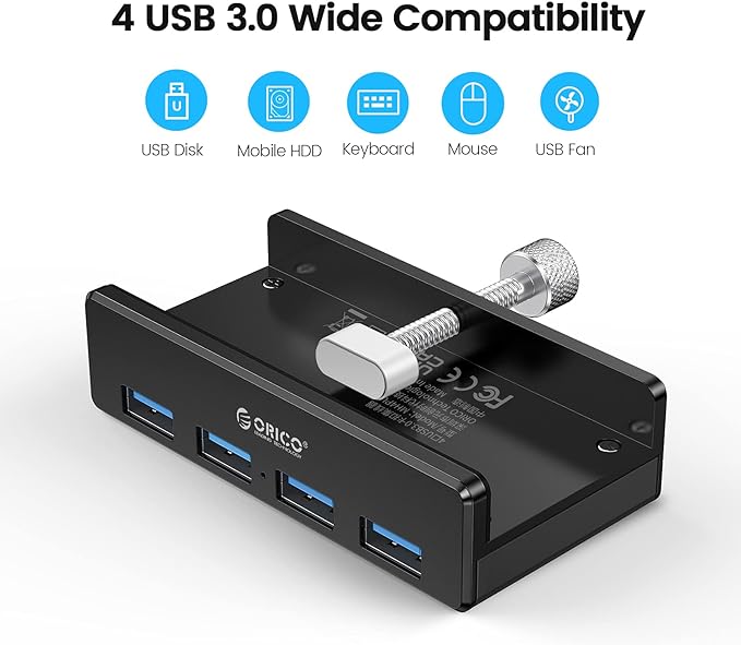 ORICO USB 3.0 Hub, USB Hub Clamp, Aluminum 4-Port USB Splitter with Extra Power Supply Port and 4.92 FT USB Data Cable, Desktop Powered USB Hub for Monitors/Desks-Black (Without Power Adapter)
