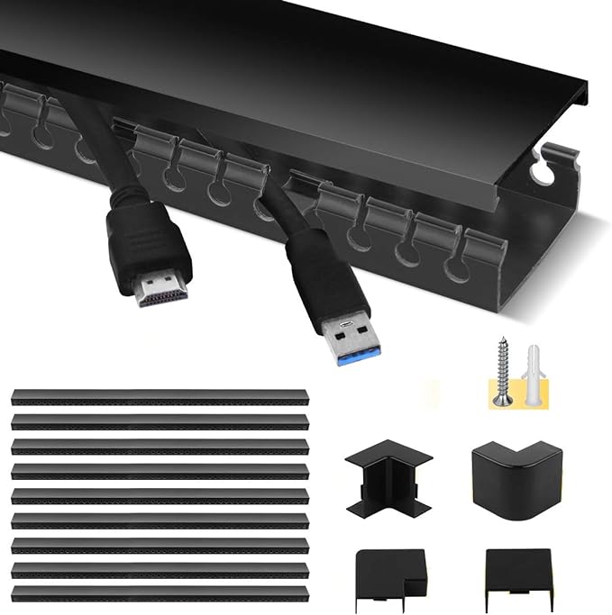 Cable Raceway Kit, Stageek Cable Management System Open Slot Wiring Raceway Duct with Cover, On-Wall Concealer Organizer for Cable Pass to Hide Wires Cords for TVs, Computers - 9x15.4inch, Black