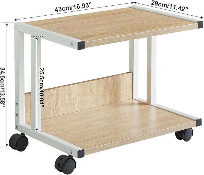 IBUYKE Under Desk Printer Stand, 2-Tier, Mobile Home Desktop Organizer Shelf with 4 Wheels, for Printer, Fax, Home Office Use, Light Wood UTLJ007R