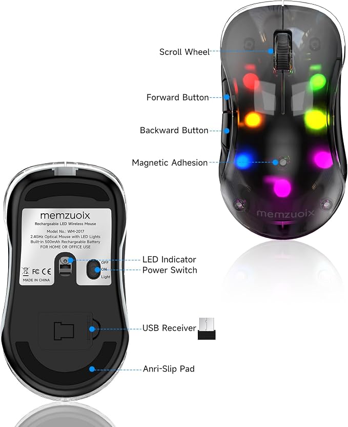 memzuoix 2.4G LED Wireless Mouse, Rechargeable Ergonomic Mouse with Detachable Cover, 1200 DPI Portable Optical Computer Mouse with USB Receiver for Laptop, PC, Desktop and MacBook, 5 Buttons-Black