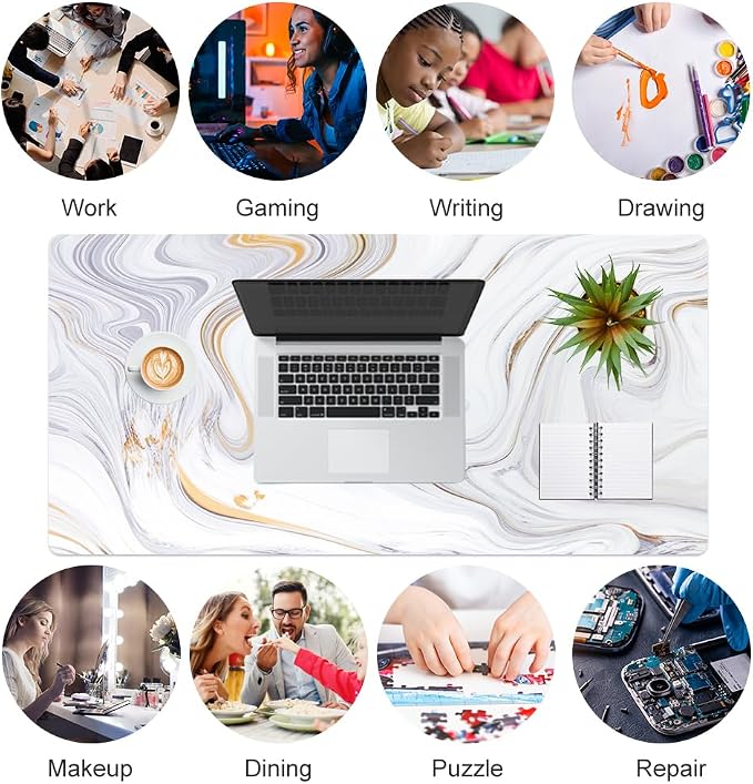QIYI White Mouse Pad, Cute Marble Large Desk Mat, PU Leather Desk Protector Mousepad, Gold Grey Striped Waterproof Computer Keyboard Gaming Mouse Pads, Non Slip Extended Writing Pad 31.5" x 15.7"