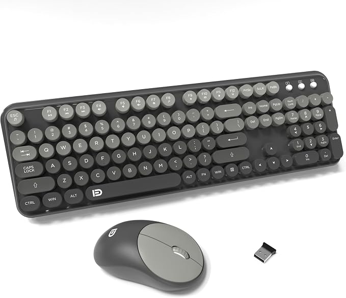 FOPETT Wireless Keyboard and Mouse Combo - Cute Colorful Mouse and Keyboard 2.4G Full-Sized with 104 Round Keys Retro Typewriter Keyboards for Laptop/Windows/PC - Grey Gradient