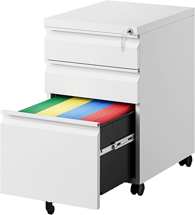 PEUKC 3 Drawers Mobile File Cabinet with Lock, Under Desk Rolling File Cabinet for Home Office, Organizes Letter Legal A4 Files, White(Pre-Assembled)