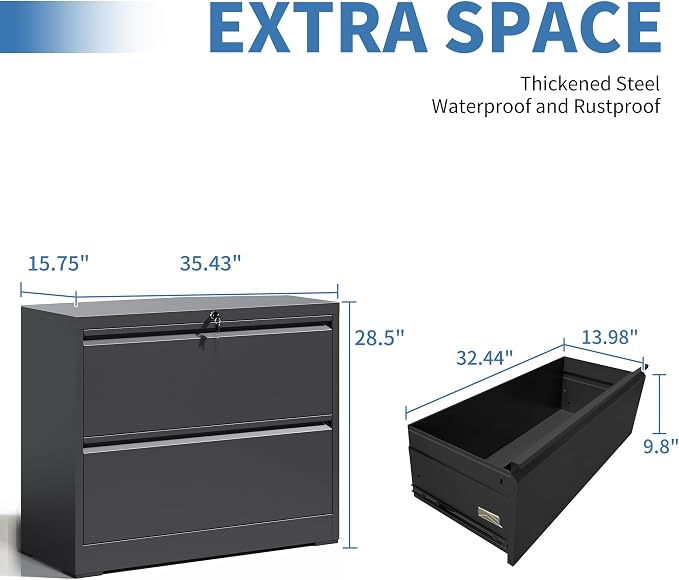 File Cabinets 2 Drawer,Metal Office Storage Filing Cabinet with Lock,Black Lateral Filing Cabinet for Home Office,Horizontal 2-Drawer File Cabinets for Legal/Letter/A4,Assembly Require,Black