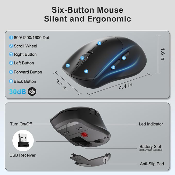 Wireless Keyboard and Mouse Combo, 2.4G Full Size Wave Keys Ergonomic Keyboard with Wrist Rest, Phone Holder, 3-Level DPI Wireless Silent Mouse with 6-Buttons, for Windows, Mac OS, Laptop, PC (Black)