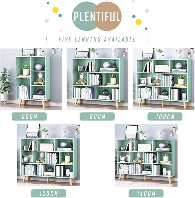 IOTXY Wooden Open Shelf Bookcase - 3-Tier Floor Standing Display Cabinet Rack with Legs, 10 Cubes Kids Bookshelf, Tiffany-Green