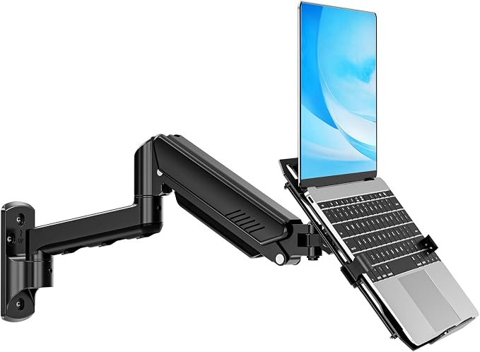MOUNTUP Laptop Wall Mount, Adjustable Laptop Mount for Max 17" Notebook or Max 32" Monitor, Wall Mount Laptop Holder Holds 4.4-22lbs, 2-in-1 Laptop Arm with Ventilated Tray