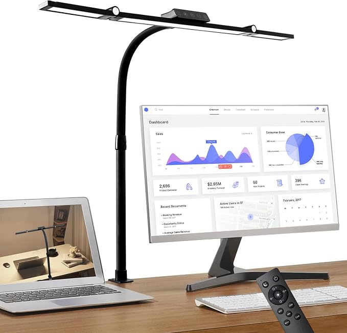 BAYSQUIRREL Led Desk Lamp with Clamp,Desk Light with Human Sensor,Gooseneck Remote Eye Protection Desk Lighting,24W Ultra Bright Stepless Dimming and Tempering LED Desk Lamp for Home Office, Bedroom