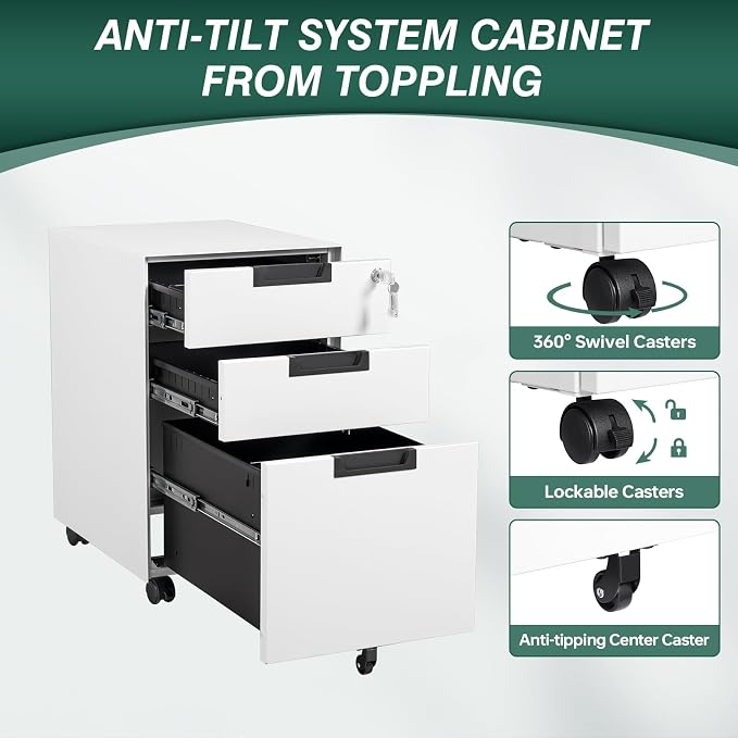 Mobile File Cabinet,3 Drawer Locking Storage Filing Cabinet,Office Metal Storage Cabinet on Wheels for Legal/Letter/A4 File(Fully Assembled，White)
