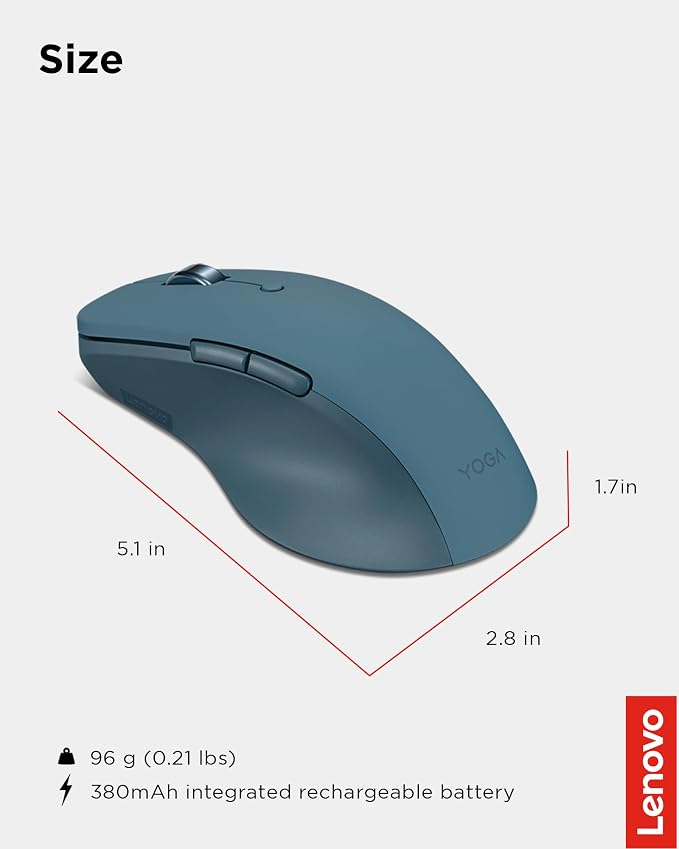 Lenovo Yoga Pro Mouse, Bluetooth, USB-C Rechargable, Dual Mode Bluetooth, 6 Button, Right Handed Design, Ergonomic Design, Programmable Buttons, 2-Way Metal Scroll Wheel, Tidal Teal