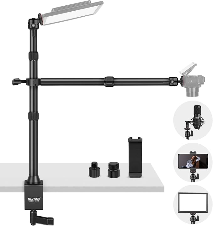 NEEWER TL253A+DS001 Table Camera Tripod with 2 Telescopic Arms, Phone Holder, Ball Heads, Screw Adapter, Table Light Stand for Camera, Mobile Phone, Webcam, Ring Light