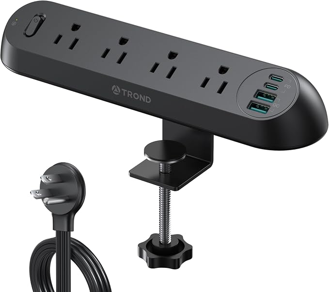 TROND Desk Clamp Power Strip USB C PD 20W - Flat Plug 10ft Extension Cord, Surge Protector with 4 AC Outlets 4 USB Ports, 1700J, ETL Listed, Fits 1.97 inch Tabletop Edge, for Home Office, Black
