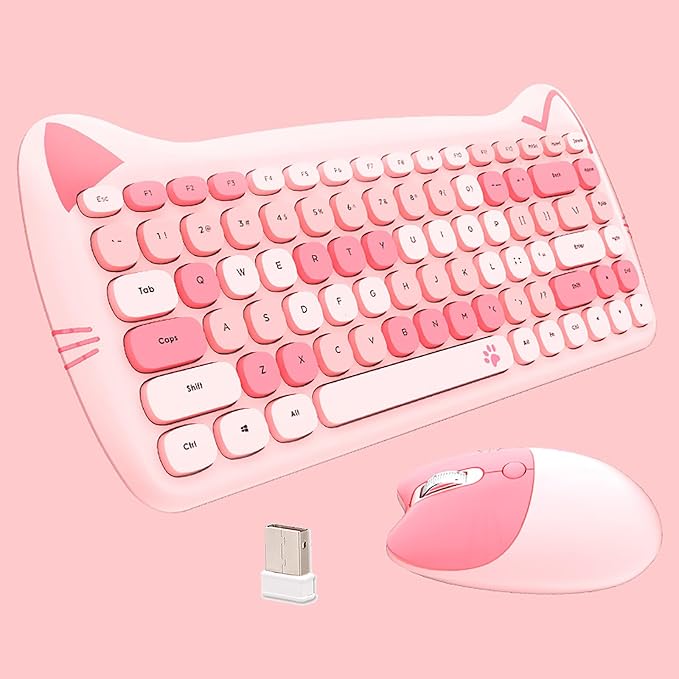 Cute Cat 2.4G USB Wireless Keyboard and Mouse Combo, Silent Keys, Candy Colors, Compatible with Notebook, PC (Pink-84Keys)