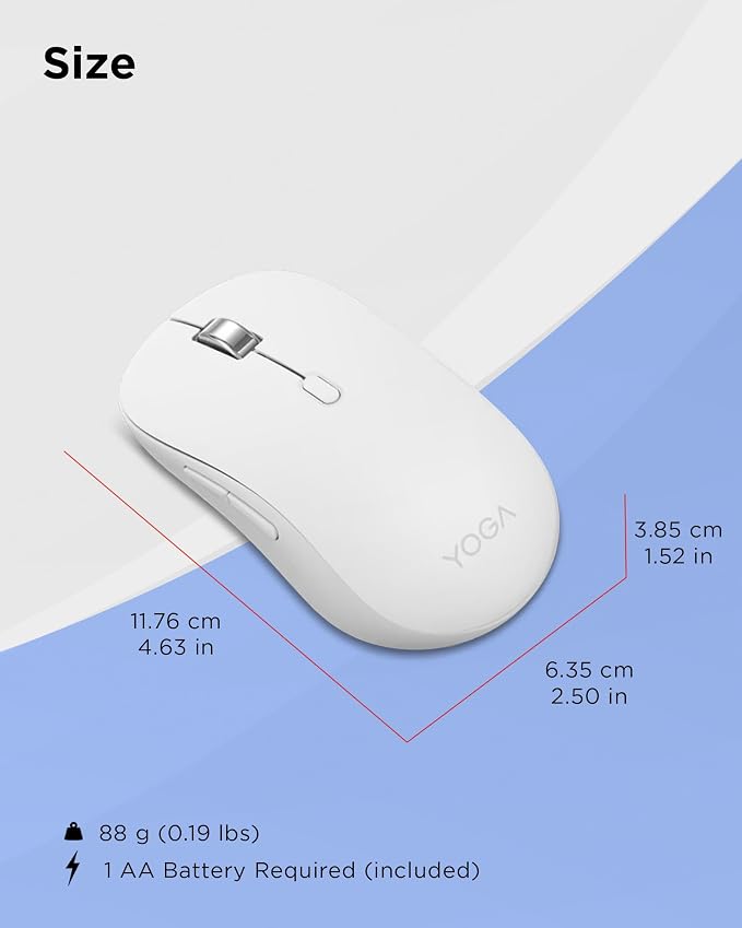 Lenovo Yoga Bluetooth Silent Mouse, 3 Level DPI Adjustment, 36 Month Battery Life, Bluetooth 5.3, 3 Device Paring, Whisper Quiet, Programmable Buttons, Smooth Finish, Seashell