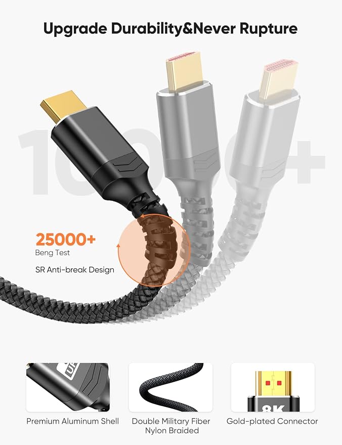 Highwings 8K HDMI 2.1 Cable 2-Pack 15FT, Slim Ultra High Speed HDMI Braided Cord-48Gbps,4K@120Hz 8K@60Hz, HDCP 2.2&2.3, Dynamic HDR,eARC,DTS:X,RTX 3090,Compatible with Roku TV/HDTV/PS5/Blu-ray