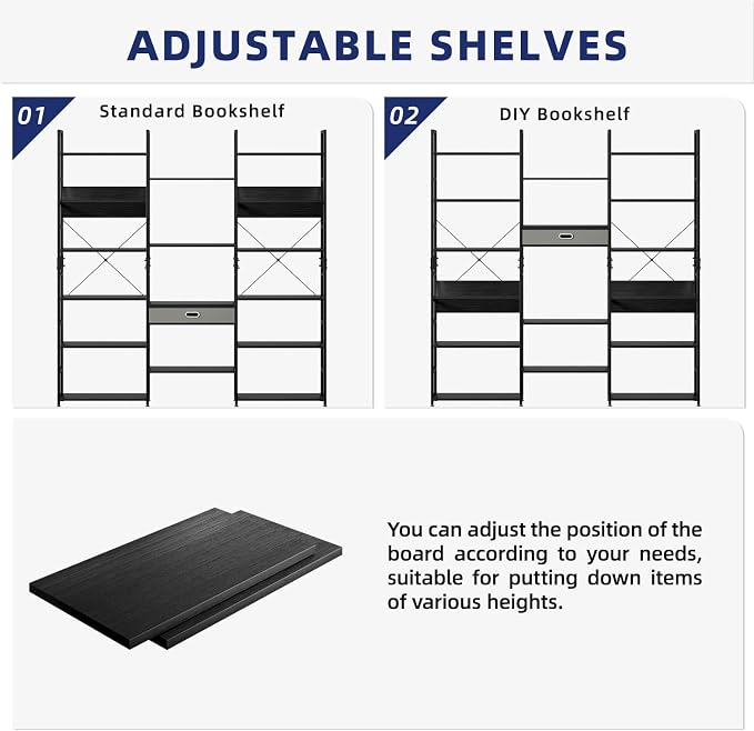 NUMENN Bookcases and Bookshelves Triple Wide 6 Tier Bookshelf, Large Etagere Bookshelf with Storage Drawer, Adjustable Open Display Shelves for Living Room Bedroom Home Office, Black
