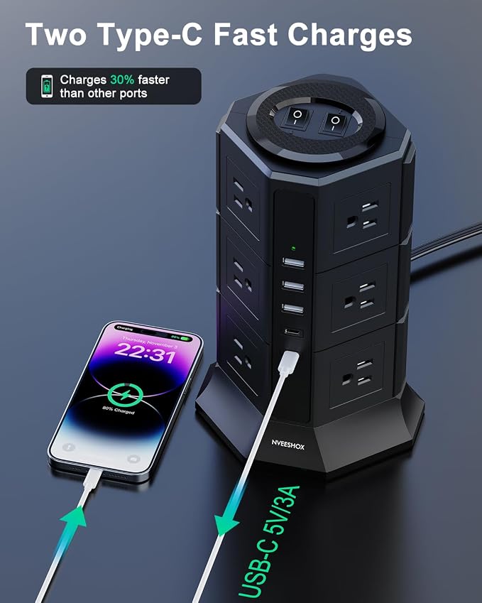 Surge Protector Power Strip Tower, 10FT Ultra Flat Extension Cord with 12 AC Outlets 5 USB Ports(2 Type C), Desktop Charging Station, Flat Plug Outlet Extender for Home Office Dorm