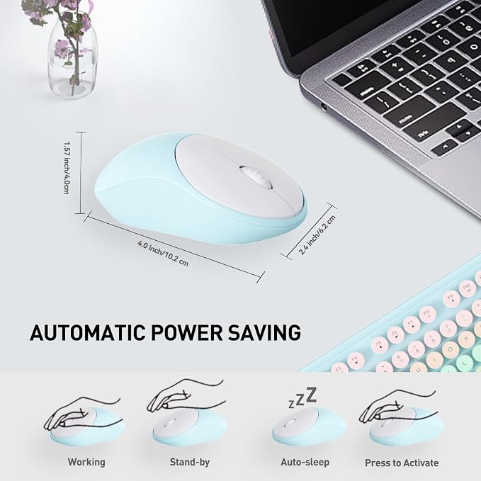 Wireless Keyboards Mouse Combos, Colorful Cute Typewriter Full-Size Retro Round Keycaps, 2.4GHz Cordless Sleep Mode Office Quiet Wireless Keyboard and Mouse Set for Desktop Laptop PC Computer