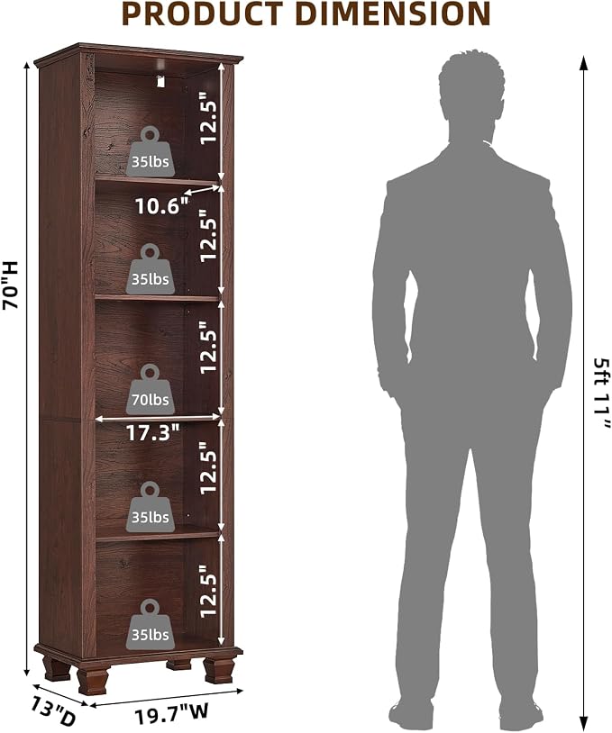 SAVOR LIFE Narrow Walnut Book Shelf, 70" Tall Skinny Bookshelf with Adjustable Shelves & Wooden Legs, Farmhouse Wood Bookcase w/5-Tier Open Storage, Free Standing Book Case for Office, Living Room