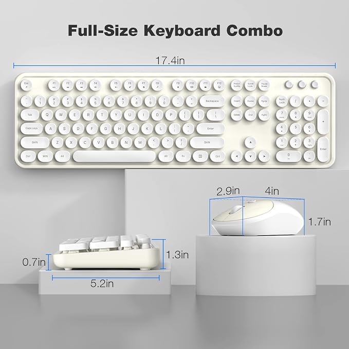 MOFII Wireless Keyboard and Mouse Combo, Computer Full Size 2.4G Plug and Play Wireless Typewriter Retro Round Keyboard and Mouse Set for Windows, Computer, Desktop, PC, Notebook - (Off White)
